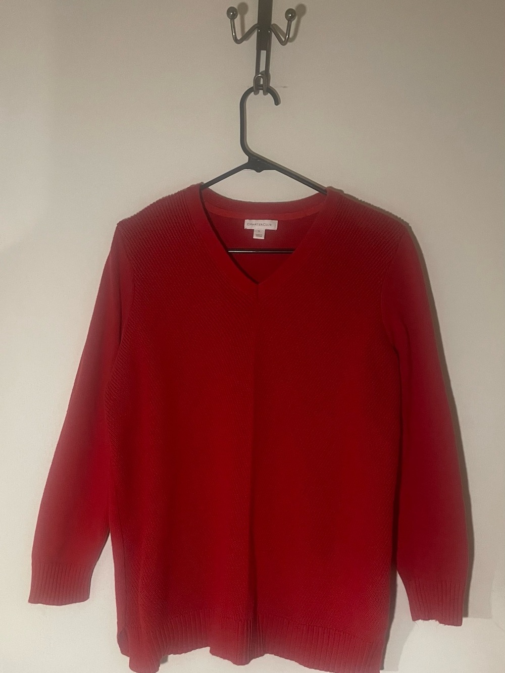#14 Charter Club Red V-Neck Cotton Knit Pullover Sweater Ribbed Cuffs Hem XL